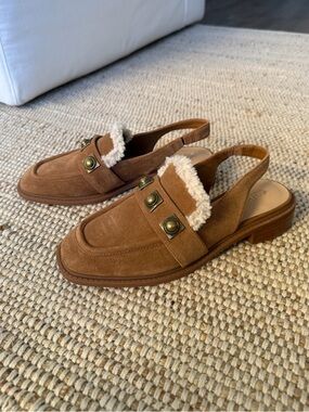 Chelsea & Violet Suede Slingback Loafer with Shearling Trim - Tan